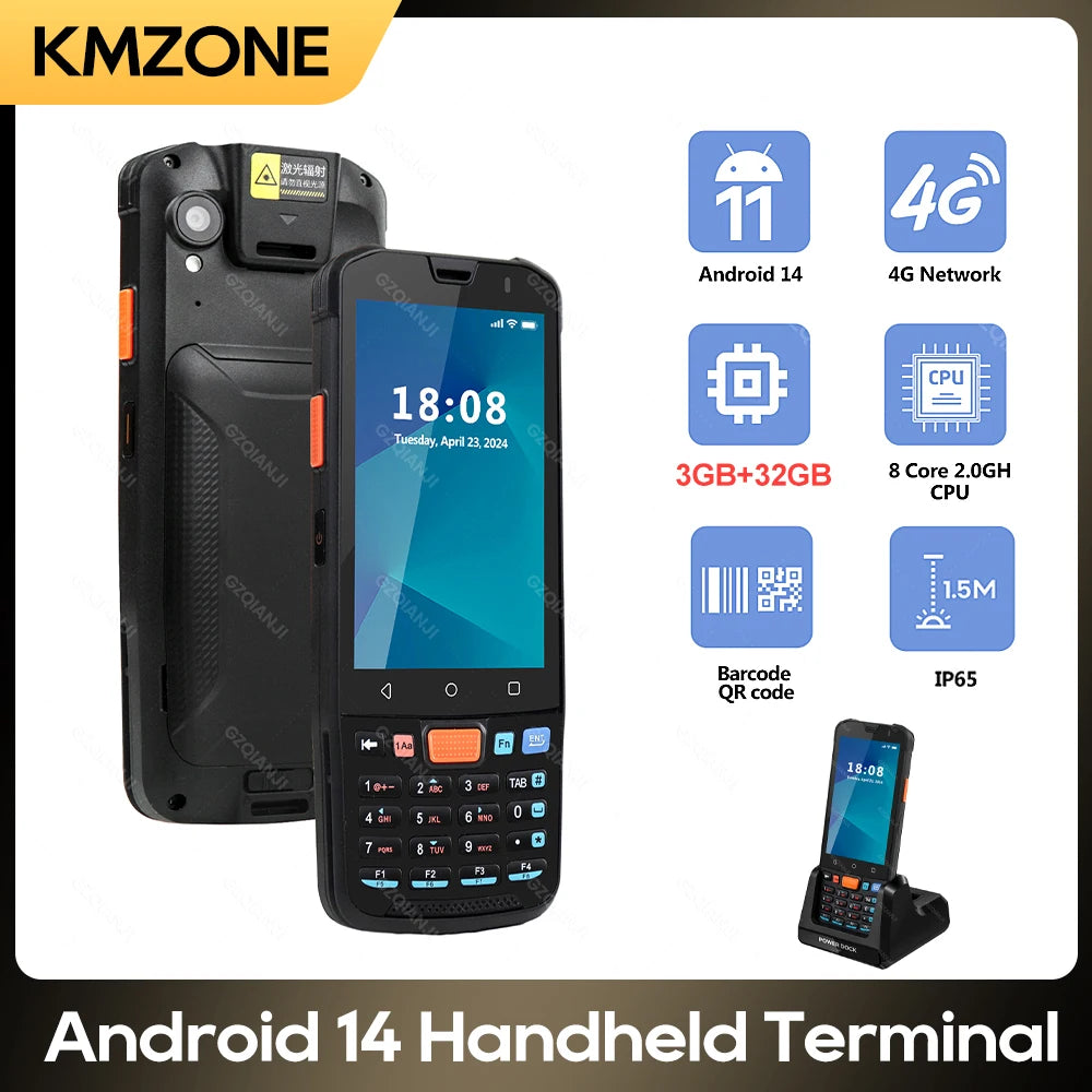 Android 14 Data Collector Wireless Wifi Bluetooth Handheld Terminal 1D 2D QR Barcode Scanner 3+32GB Running With Charger Station