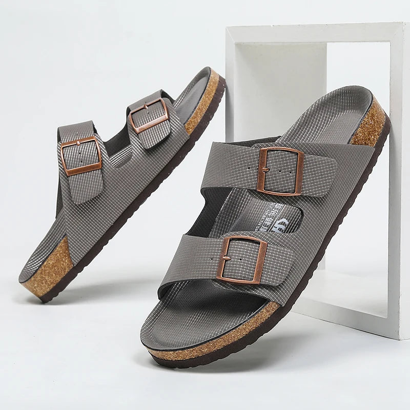 Summer Men Women Cork Slippers Clogs Microfiber Leather Slides Casual Slip On Sandal Double Buckle