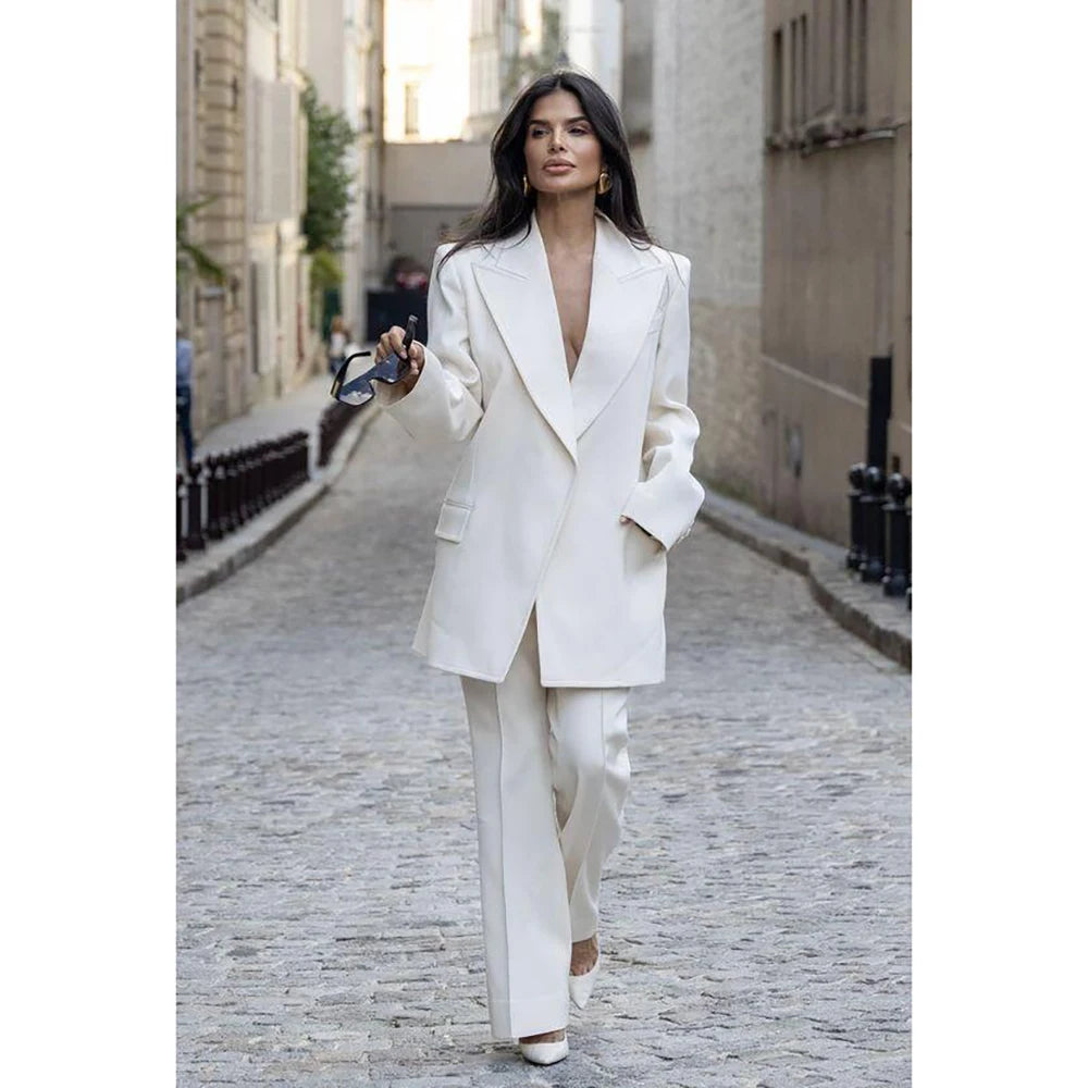 Chic Loose White Single Breasted Women Pants Set New Female Two Pieces(Blazer+Trousers) conjuntos femininos elegantes