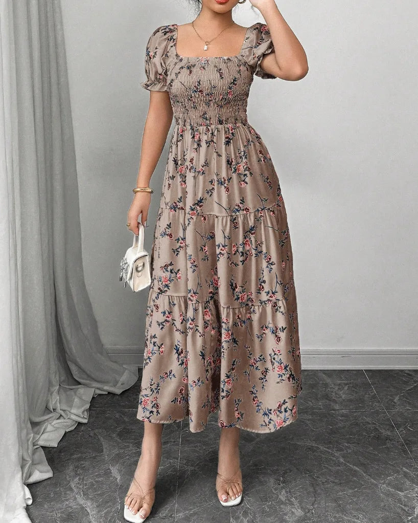 Spring and Autumn Women's Square Neck Short Sleeve Long Skirt Fresh Printed Casual Fashion Slight Backless Temperament Dress