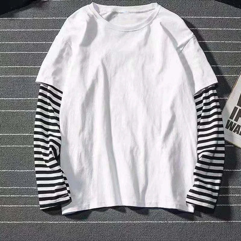 New Harajuku Black White Striped Y2K Long Sleeve Solid Color T-shirts Men Women Fall Fake Two Piece Long Sleeve Loose T-shirt
