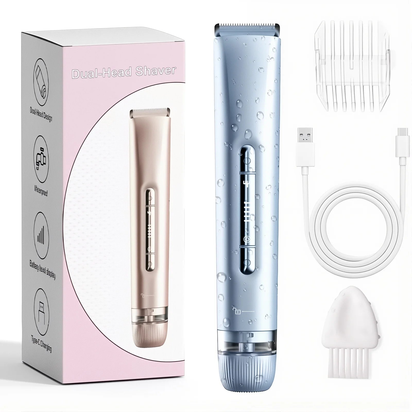 Electric Hair Trimmer 2-in-1 USB Rechargeable Waterproof for Women & Men Bikini Nose Eyebrows Trimming with Dual Heads