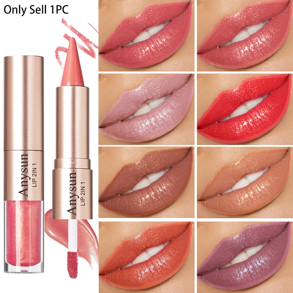 Double Head 2-in-1 Lip liner+Lip Gloss Waterproof and Durable Fine Shiny Mirror Gloss