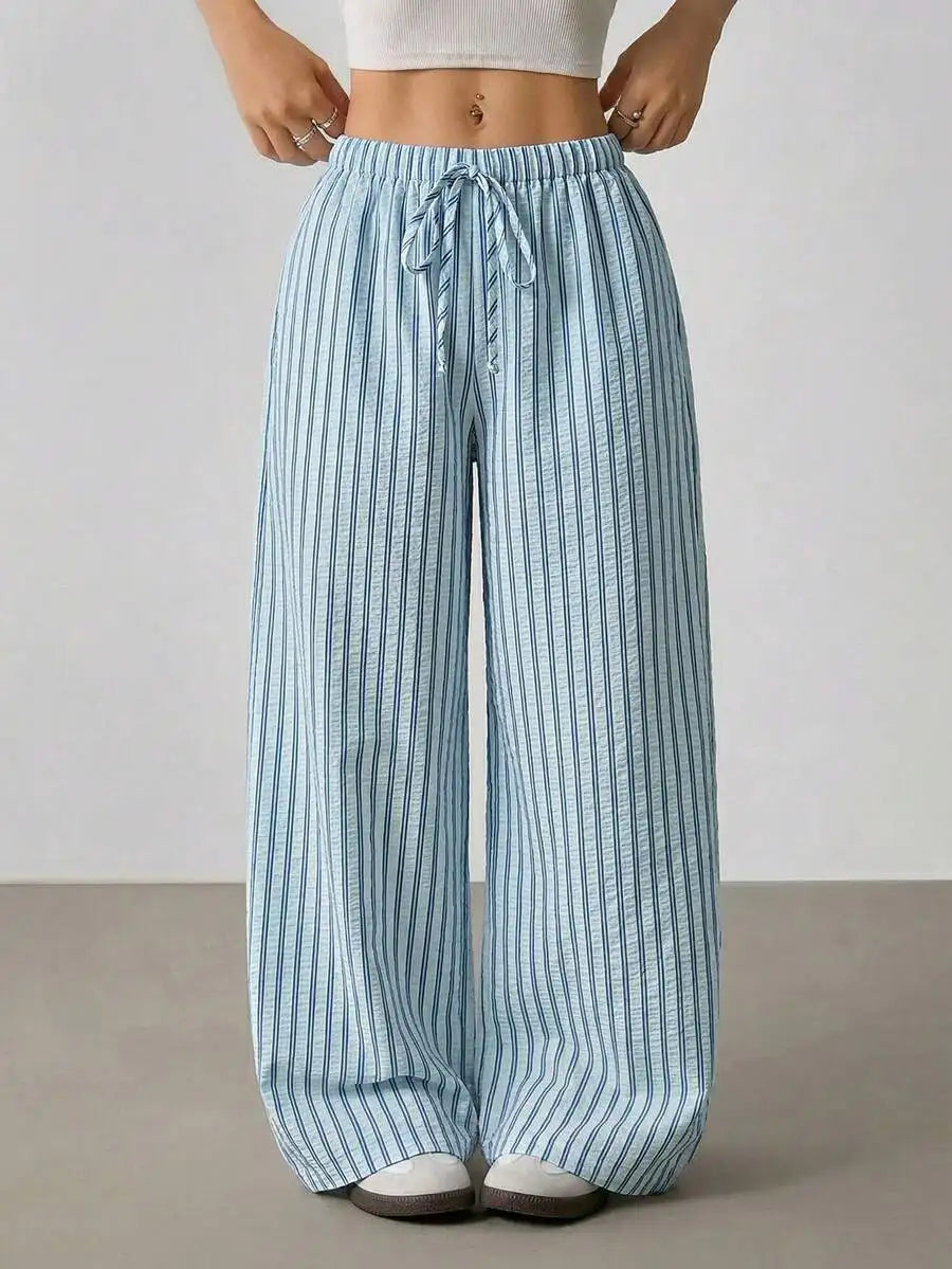 Women's Casual Striped Wide-Leg Pants   Summer Commute Fashion Drawstring Elastic Waist  Versatile Relaxed Straight Leg Trousers