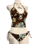 Retro Flower Hanging Neck Bikini Women's Suspender Design Sexy Swimsuit Set Vacation Beach Swimsuit Top