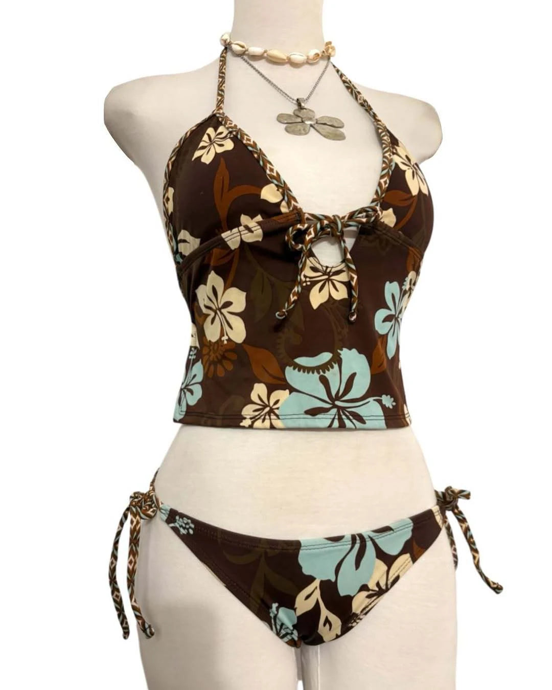 Retro Flower Hanging Neck Bikini Women's Suspender Design Sexy Swimsuit Set Vacation Beach Swimsuit Top