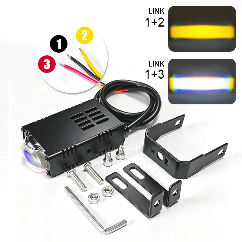 Universal LED Auxiliary Front Light for Motorcycles and Cars, Spotlight with Two Colors, High and Low Beams, Bright Driving Fog