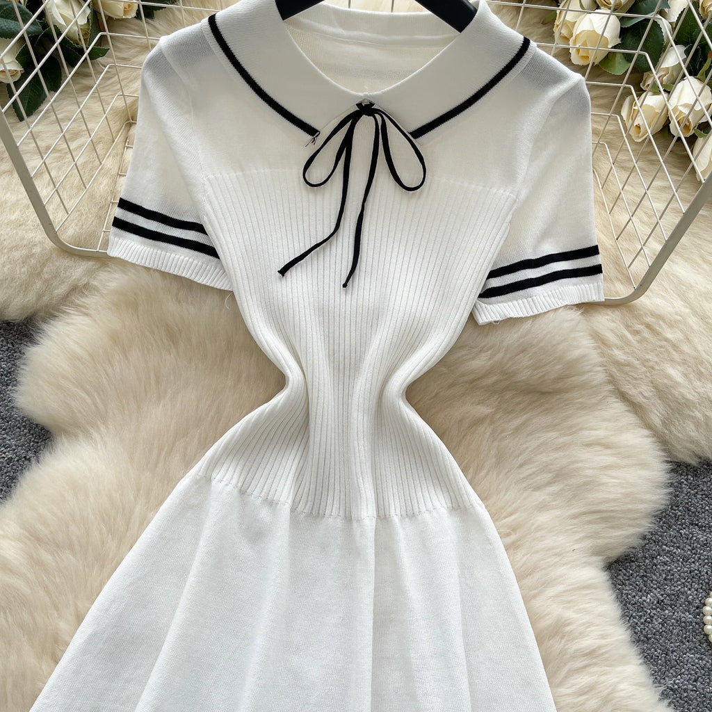 New Summer Women Sailor Collar Short Sleeve Knitted Dress Sundress Bow Lace Up Elatic Bodycon Pencil Vestidos Short Dress