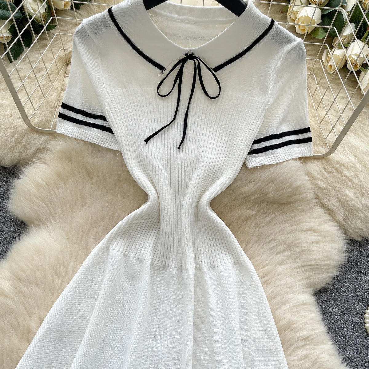 New Summer Women Sailor Collar Short Sleeve Knitted Dress Sundress Bow Lace Up Elatic Bodycon Pencil Vestidos Short Dress