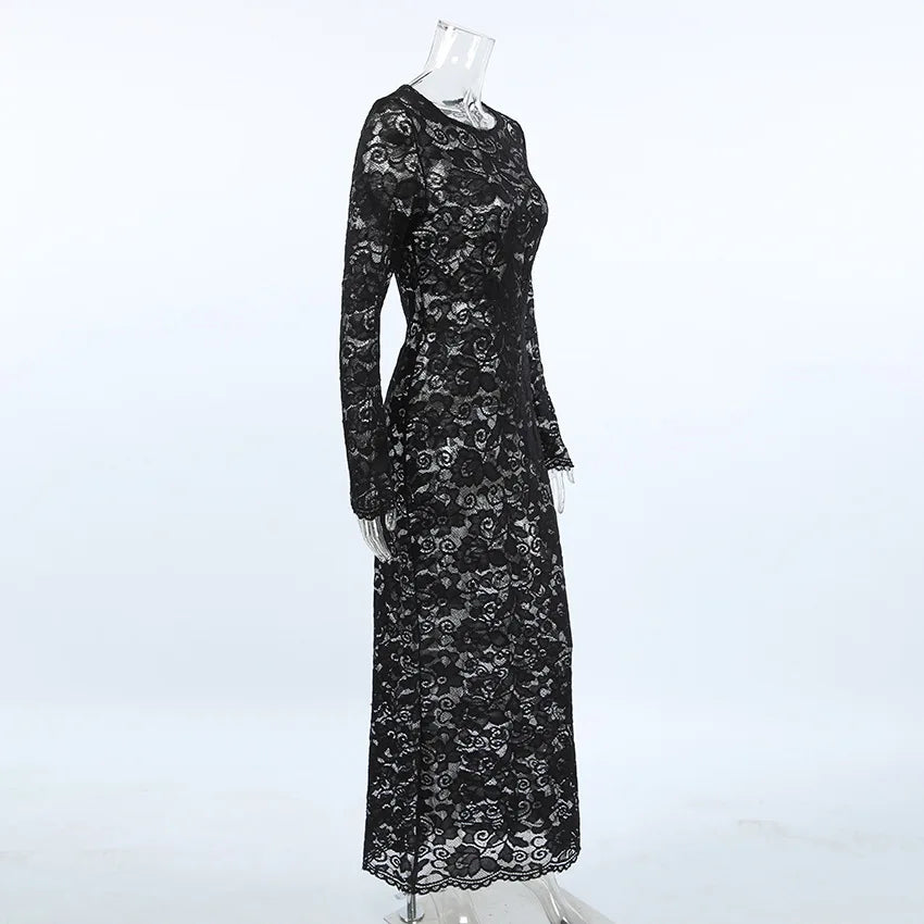 BKLD Sexy Black Lace Fishtail Dress 2026 Autumn Round Neck Bodycon Long Dresses Evening Party Clubwear Clothes For Women