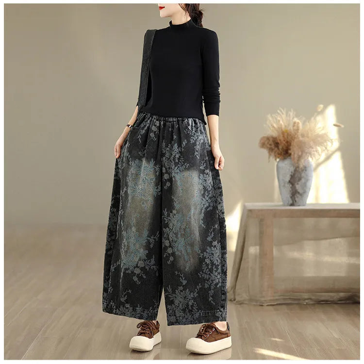 Spring Summer Retro Printed Denim Pants for Women Good Quality Elastic Waist Jeans Loose Casual Wide Leg Straight Trouser