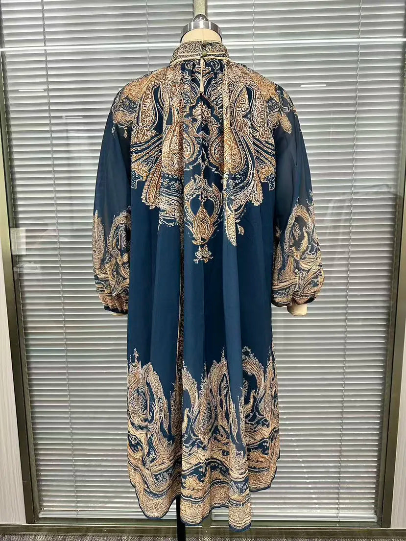 2026 New European and American Turtleneck Printed Chiffon Dress Loose Vacation Style Shawl Long-Sleeved Women's Dress