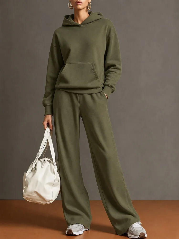 Autumn Fashion Warm Hoodie Sweatshirts Two Pieces Over Sized Solid Casual Hood Pullovers Long Pant Sets Women's Tracksuit Suit