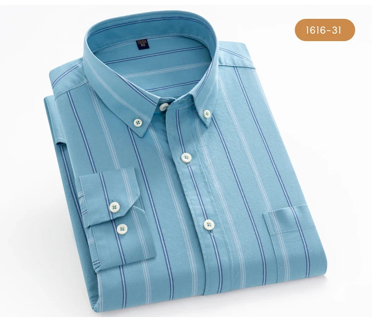 Men's 100% Cotton Breathable Oxford Fabric Dress Shirt, Plaid Striped Casual Long Sleeve, Button-Up with Collar and Chest Pocket
