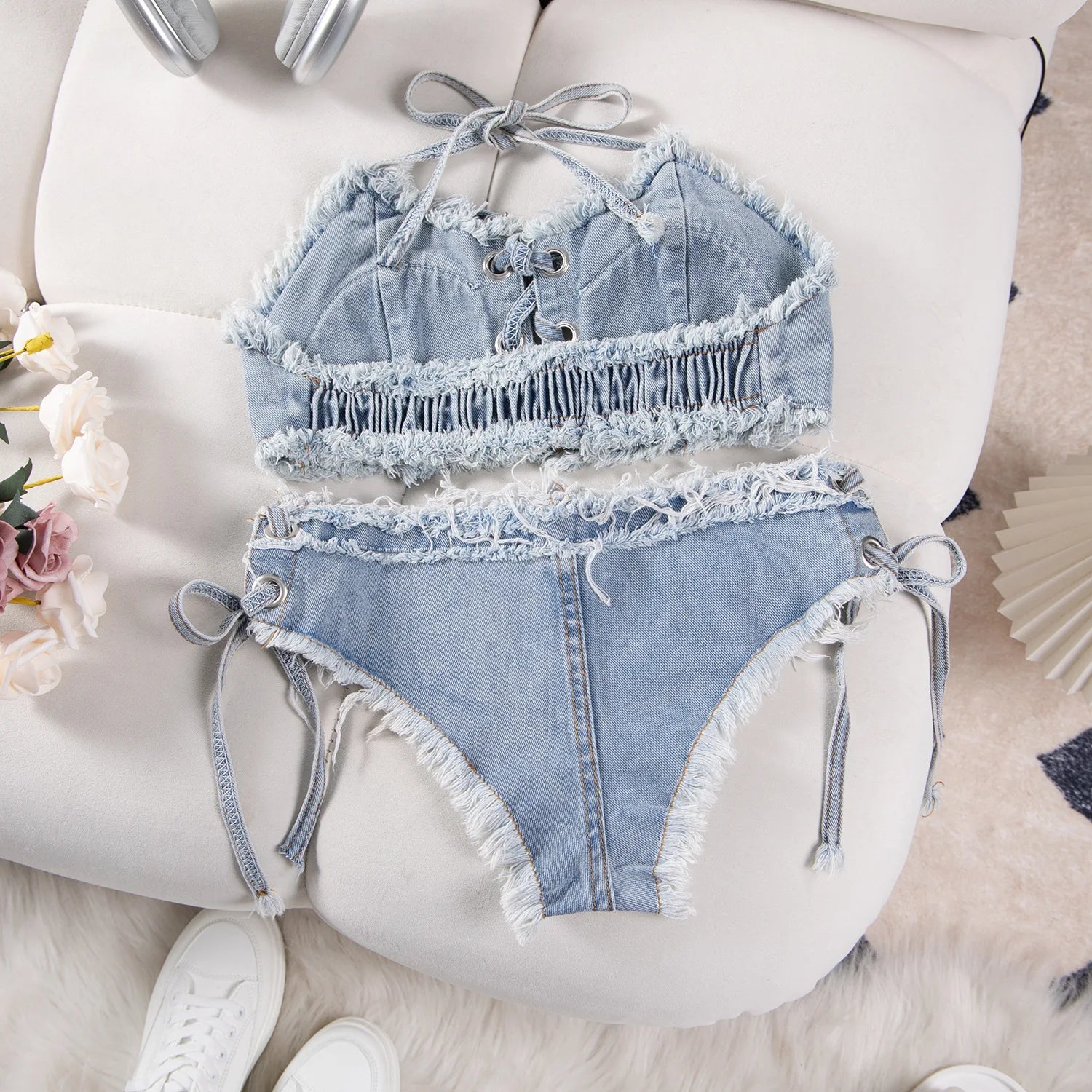 DEKA Retro Women Bikini Denim Suits Summer Halter Camis+ Mini Pant Lingerie Fashion Vacation Swimsuits Sexy Bra&Briefs Sets