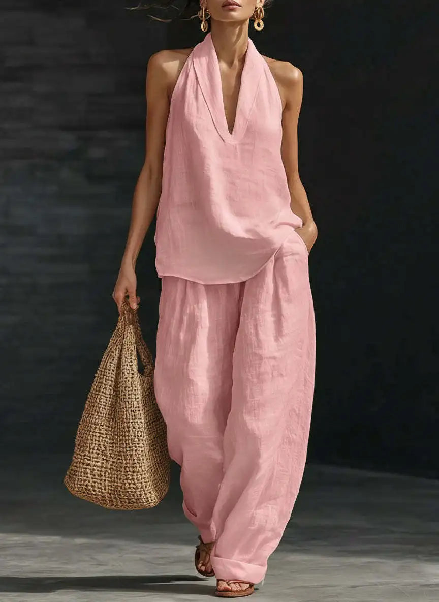 Loose Two-piece Halter Neck V-neck Sleeveless Top Trousers 2026 Summer Women's Fashion Solid Color Casual Womens Matching Sets