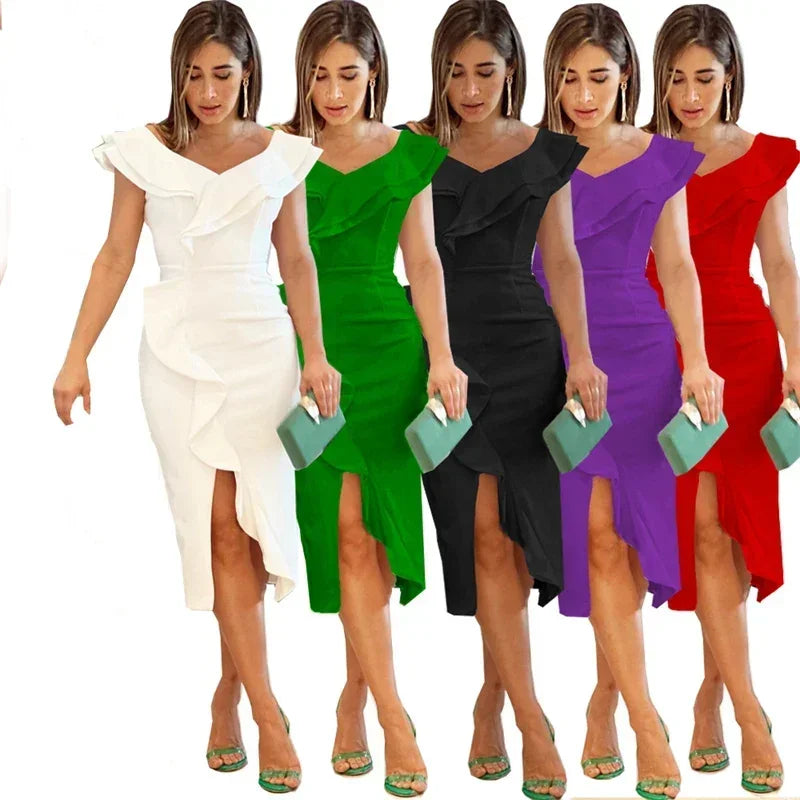 Elegant Party Night Club Celebrity Prom Dresses Women Ruffles V-neck Short Sleeve Birthday Slit Sexy Bodycon Dress Vestidos Midi