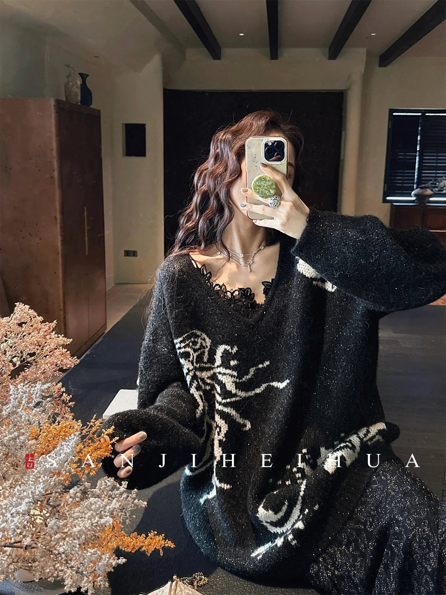 Sanji Bla Flower New Chinese Sle Gold Tead Alpaca Yarn V-ne Sweater Women's Winter Top Warmth Feat Long Sve Crew Ne