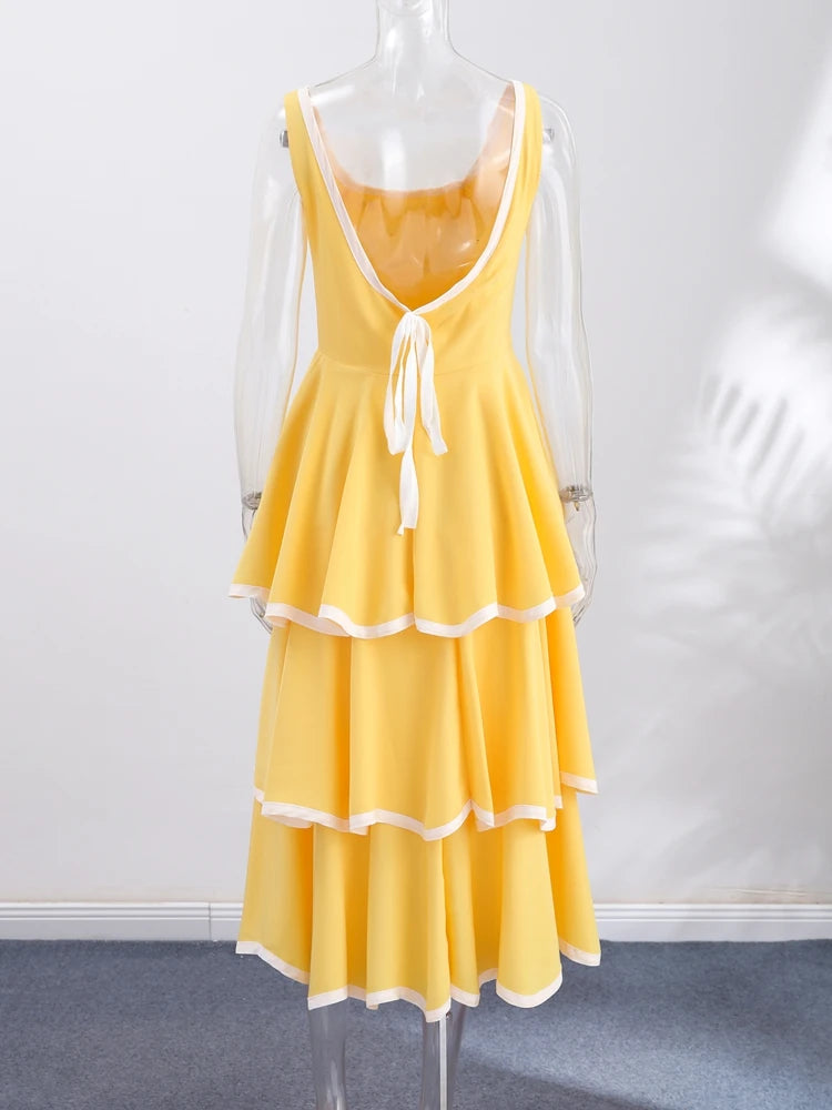 Fashion Women's Dress Round Neck Strapless Sleeveless Cascading Ruffled Hem Dresses Chic 2026 Summer New Daily Wear Ladies Robes