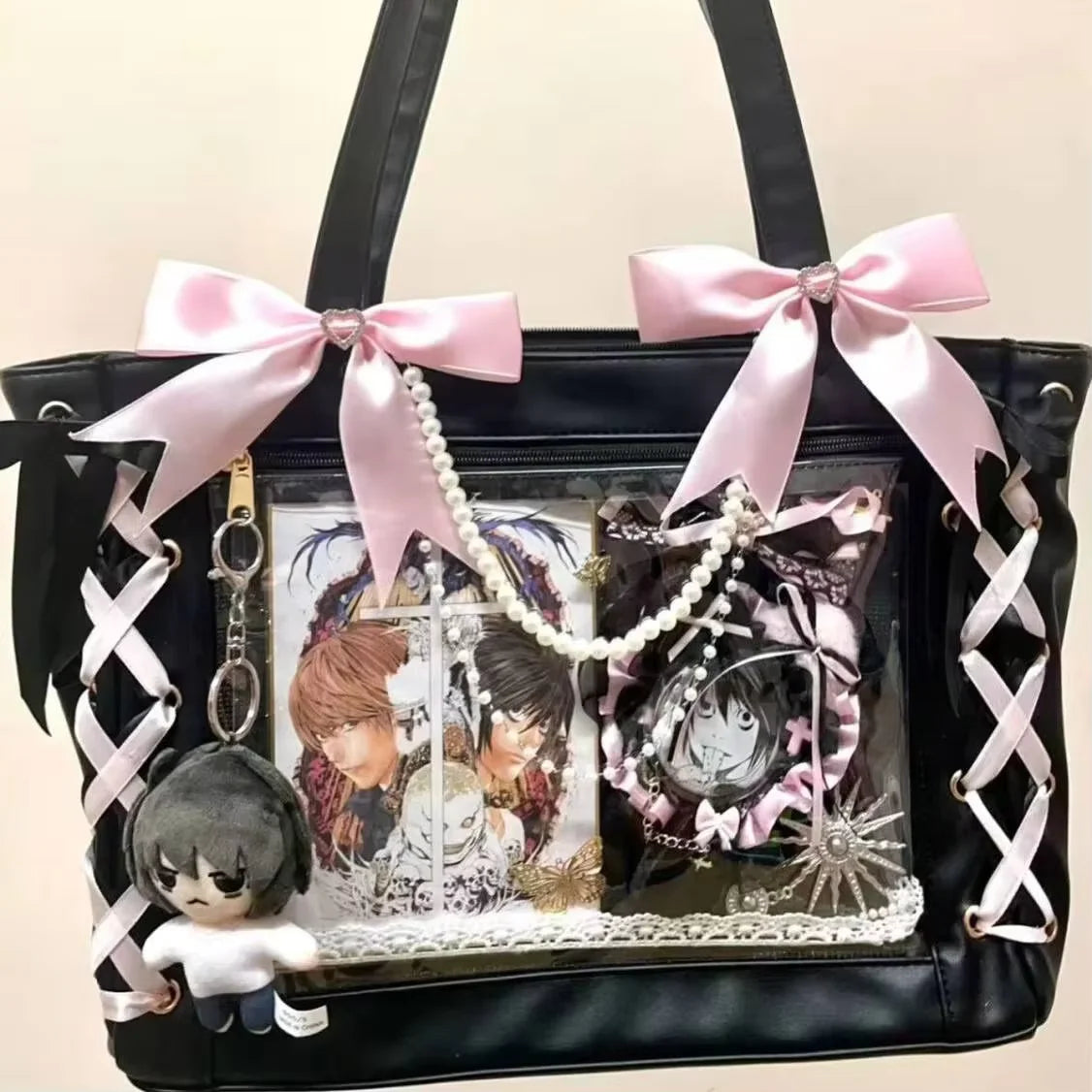 Japanese Sweet Women Ribbon Ita Bag Fashion Large Capacity Tote Bag Aesthetic Shoulder Bag Cute Lolita Girl Transparent Handbags