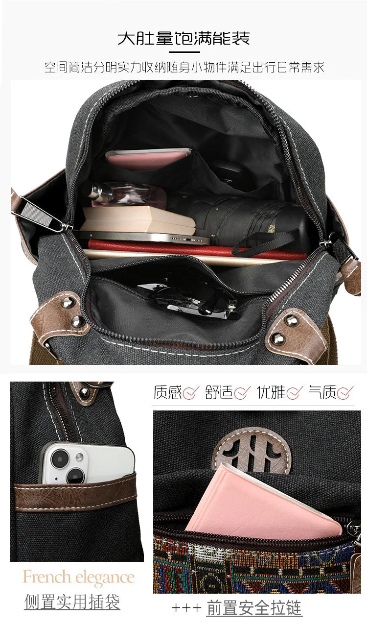 Denim ethnic style embroidered women's double shoulder bag, color-matched large capacity backpack, multi-purpose crossbody bag