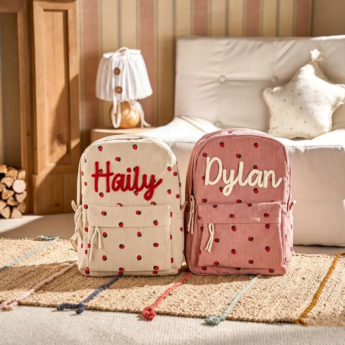 1pc Personalized Corduroy Backpack, Strawberry/Checkered Pattern, Simple and Spacious, Perfect Back-to-School Gift
