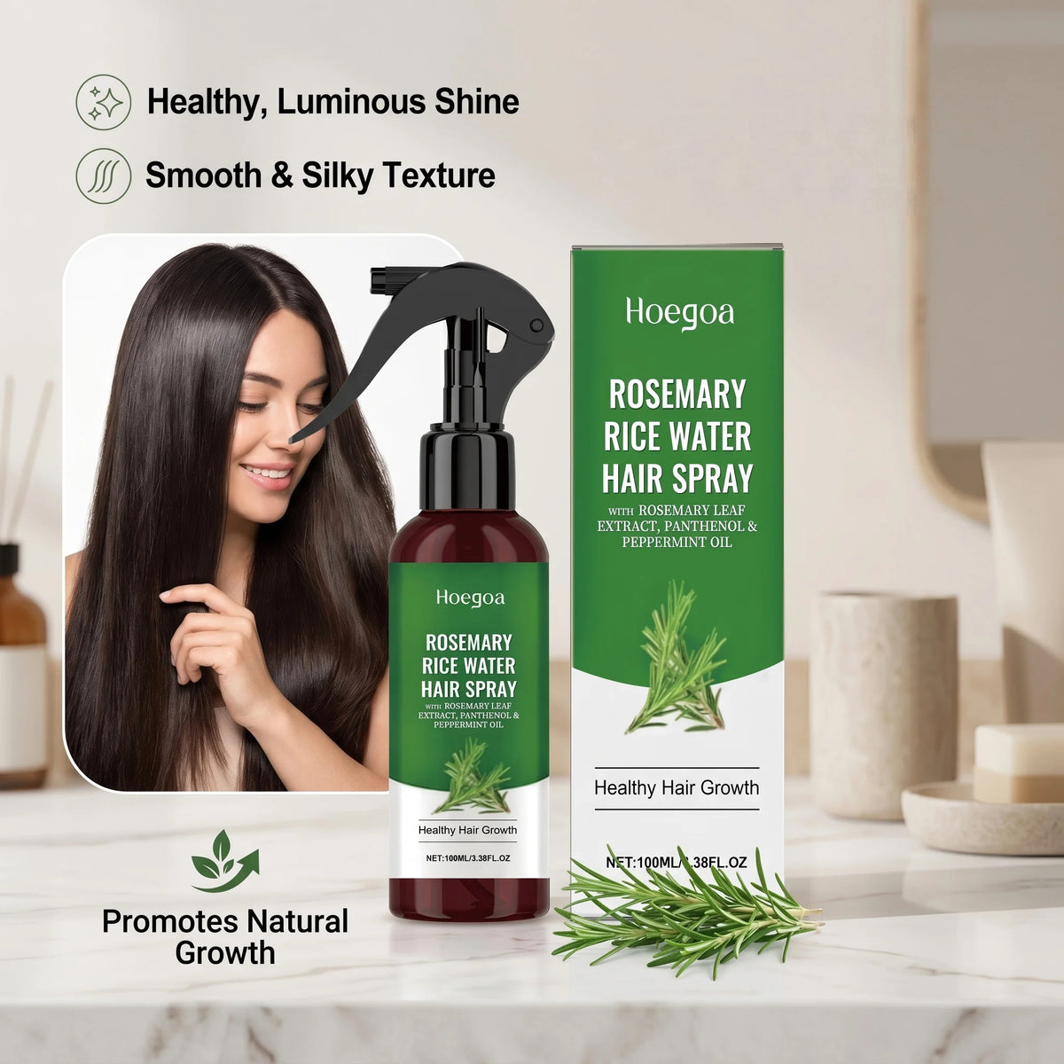 Rosemary Rice Water Hair Spray for Dry Frizzy Hair Nourishing Scalp Repair Damaged Hair Strengthen Weak Roots Reduce Breakage