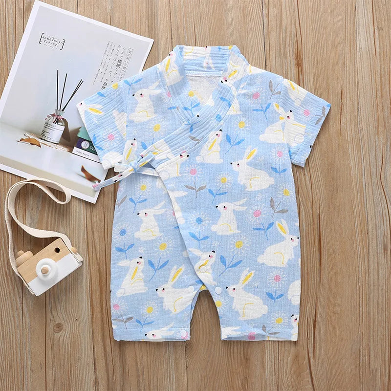 0-18M Summer Baby Girl Boys Clothing  Rompers Jumpsuit Short-sleeved Floral Print  Cute Soft Newborn Infant Baby Kimono Playwear