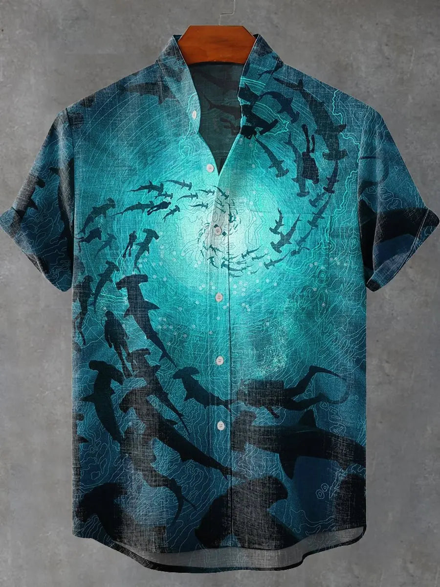 Summer Men's Short Sleeve Shirt Wave Vintage 3D Printed Casual Fashion Linen 100% Men's Beach Holiday Short Sleeve Shirt