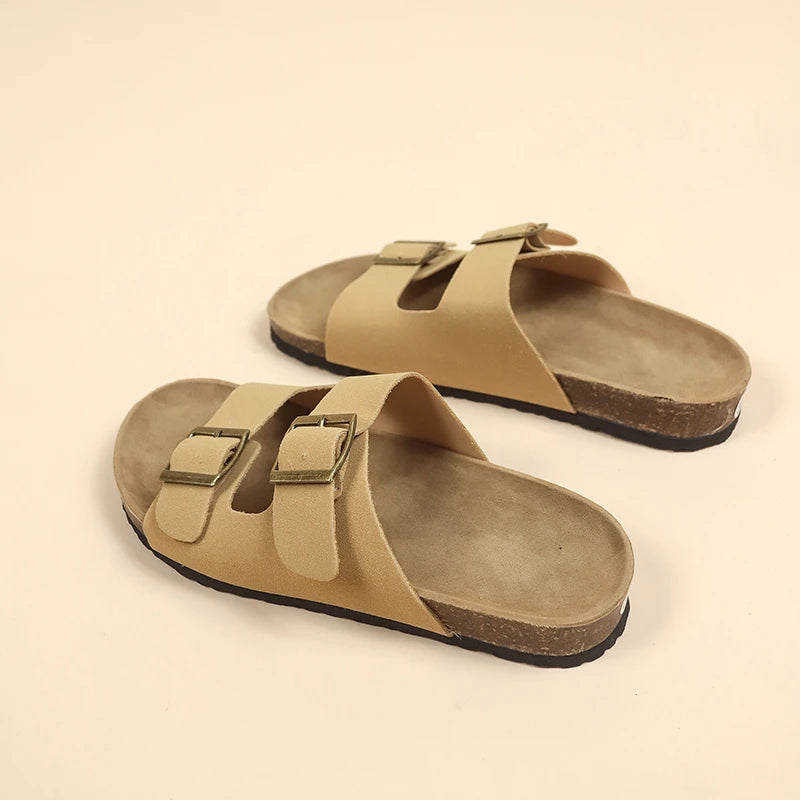 Women's Flat Outdoor Beach Casual Slippers Man Sliders Thick Sole Leather Cork Sole Sandals and Slippers