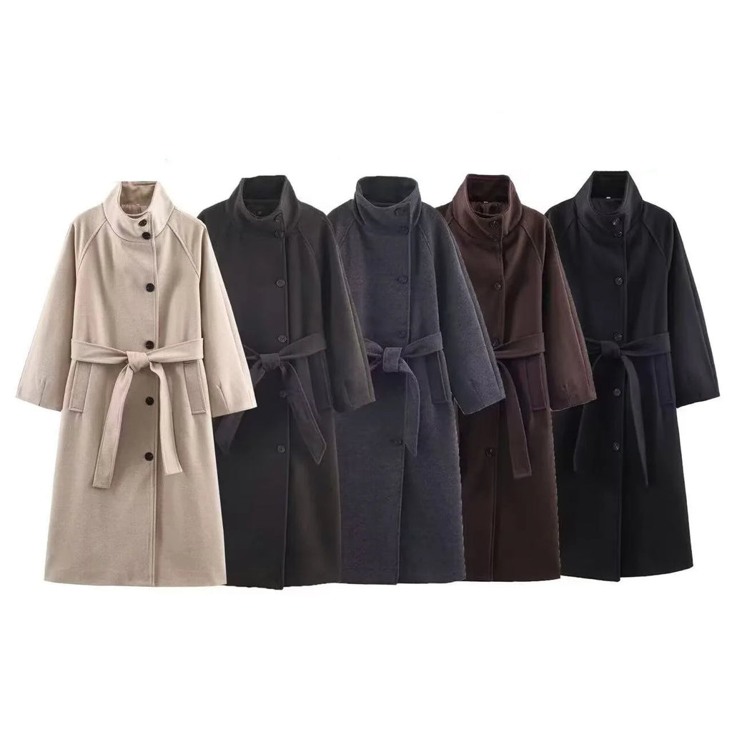 Ladies'Elegant High-End Grey Woolen Coat Women Stand Collar Single Breasted With Belt Long Coat Commut Casual High Street Coat