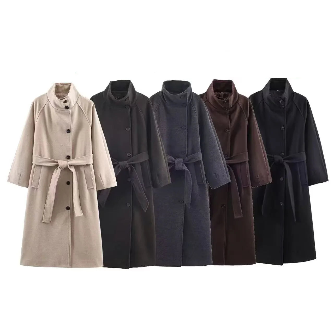 Ladies'Elegant High-End Grey Woolen Coat Women Stand Collar Single Breasted With Belt Long Coat Commut Casual High Street Coat