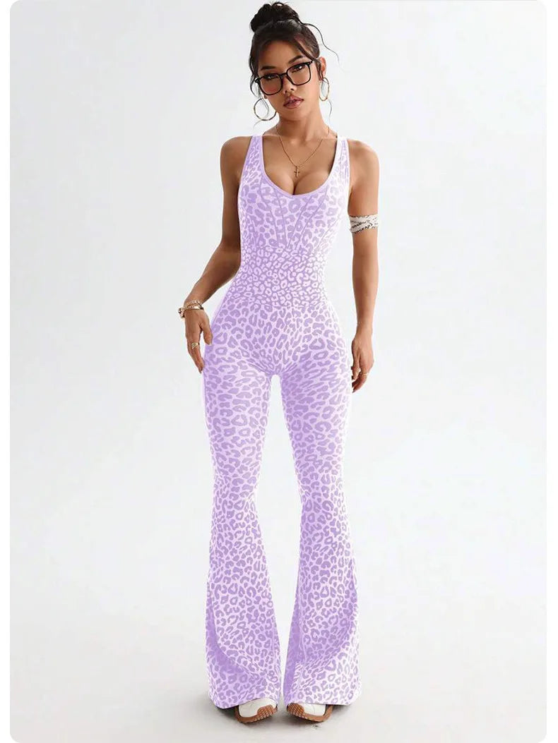 Seamless Leopard Yoga Jumpsuit with Pads Sport Clothes Bodysuit Sleeeless One-Piece Workout Clothes Gym Leggings Sportswear
