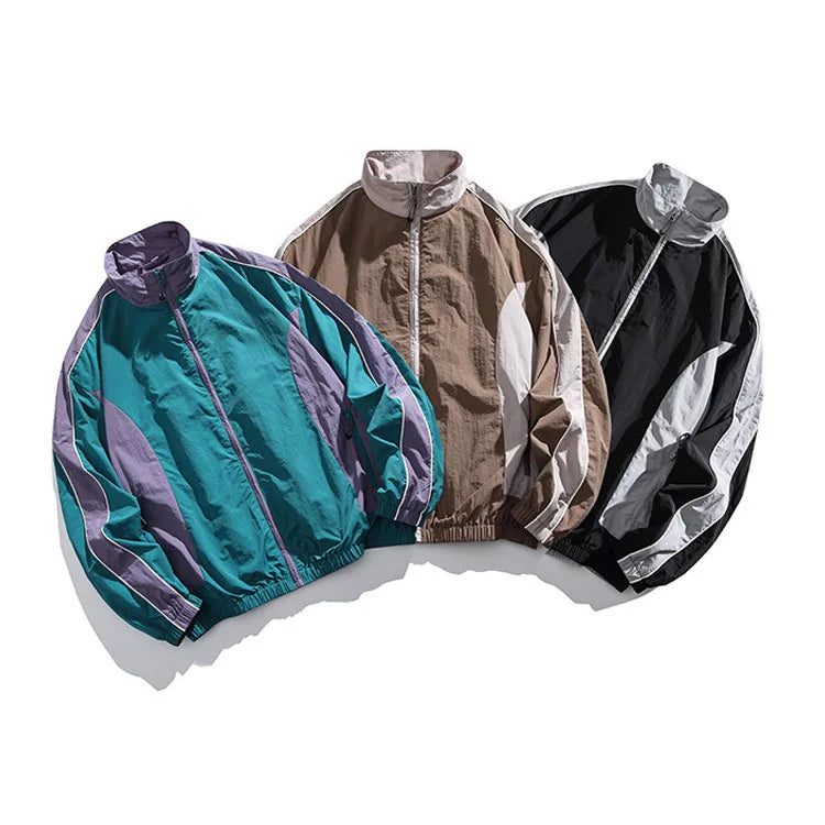 Japanese Retro Youth Streetwear Jacket - Men's Color-Blocked Stand Collar Waterproof Windbreaker Urban Outdoor Functional Jacket
