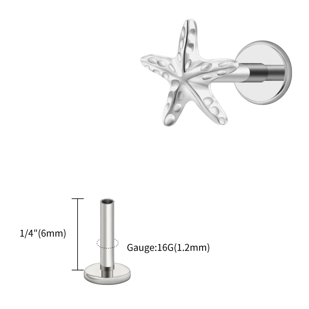 Right Grand ASTM F136 Titanium Tiny Starfish Cartilage Earring 16G Flat Back Labret Helix Stud Earlobe Piercing Summer Jewelry
