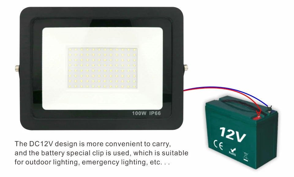 DC12V Led Flood Light 20W 30W 50W 100W Outdoor Floodlight Spotlight IP66 Waterproof Light Reflector Portable 12 Volt Led Lights