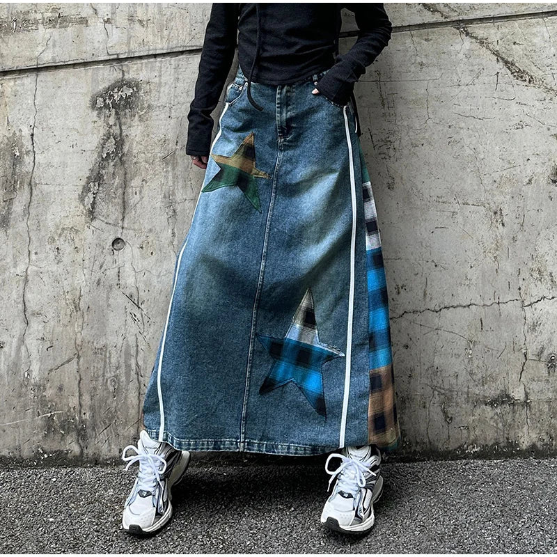 High Fashion Denim Skirt Women Elastic High Waist A-Line Long Skirt Female Colorful Patchwork Plaid Jean Skirt