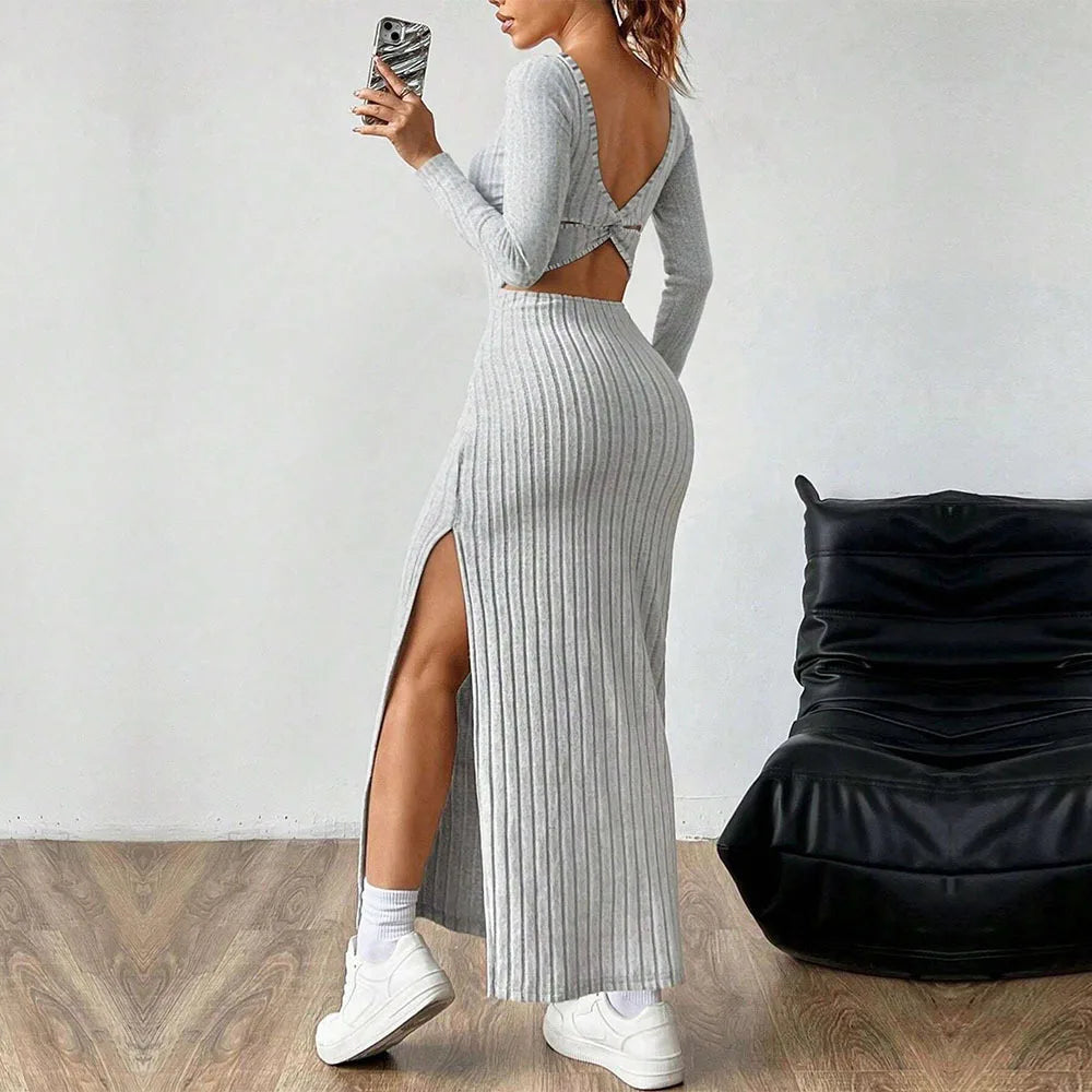 Elegant Women Summer Dress Square Neck Backless Long Sleeve Midi Dress Simple Chic Design