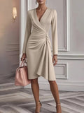 Women Long Sleeve V Neck Ruched Wrap Midi Dress Elegant Office Lady Bodycon Cocktail Party Sheath Dress