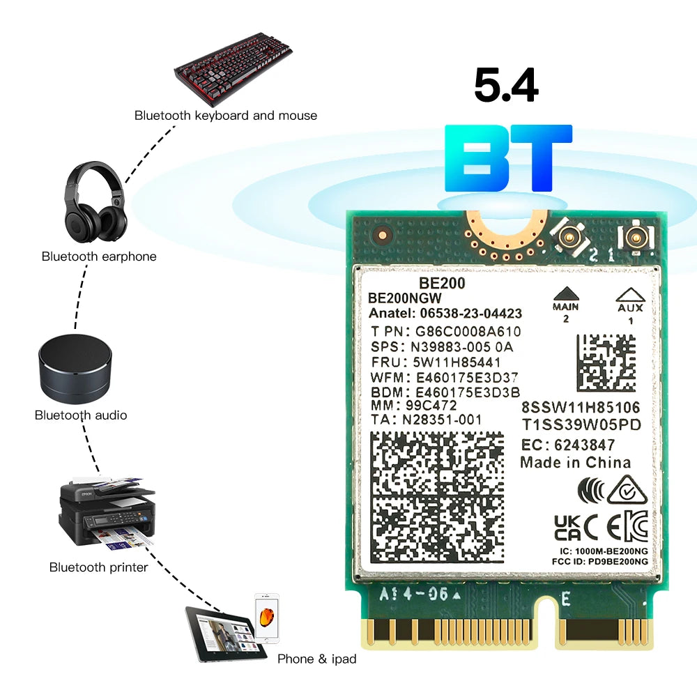 WiFi 7 For BE200 Wireless Network Card Bluetooth 5.4 WiFi BE200NGW NGFF Adapter 802.11AX 2.4G/5G/6GHz for Win10/11 PC