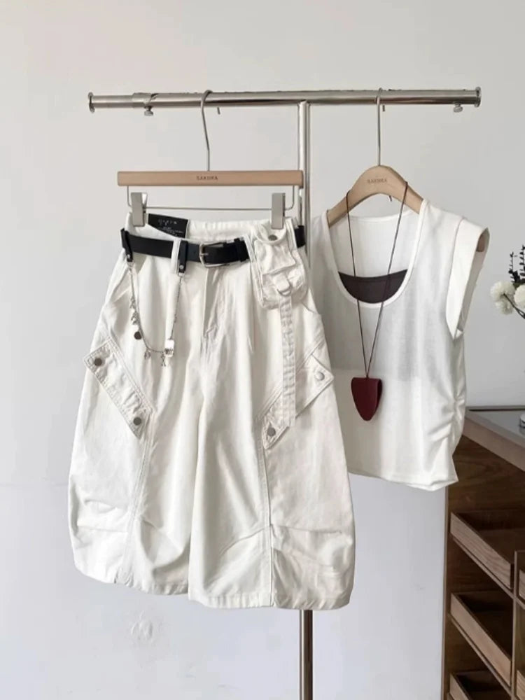 Women Denim Shorts 2026 New Summer Women's High Waist Slim Denim Cargo Pants Wide Leg Capri Pants Versatile Trousers