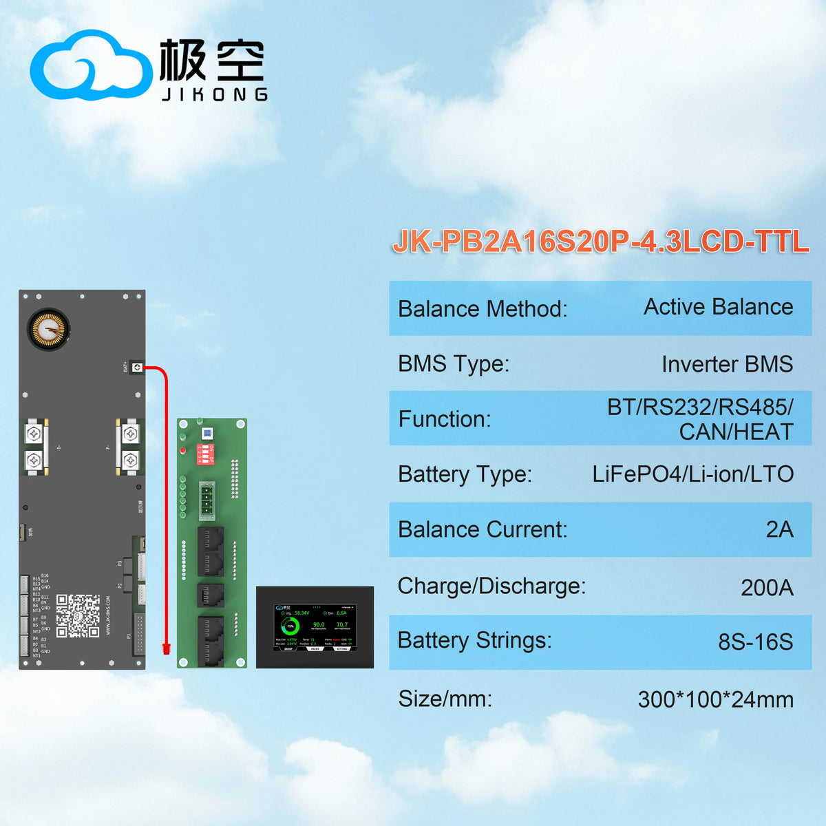 JIKONG V19 Smart BMS 8S-16S 200A Li-ion/ Lifepo4/ LTO Battery Household Energy Inverter BMS Active Balancer 2A JK-PB2A16S20P