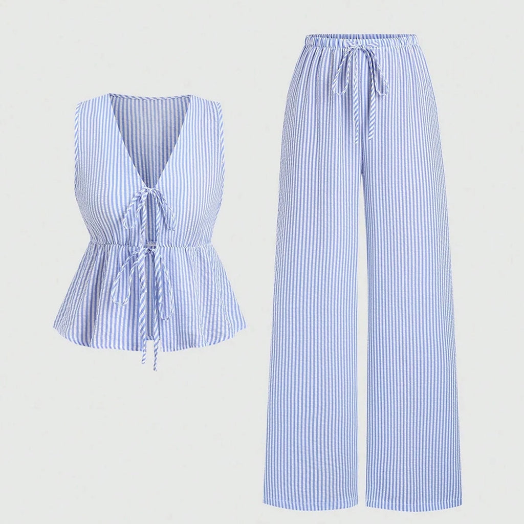 Casual Striped 2 Piece Outfits Women's Summer New Tie Front Cinched Waist Sleeveless Tank Top And Wide Leg Pants Loungewear Sets