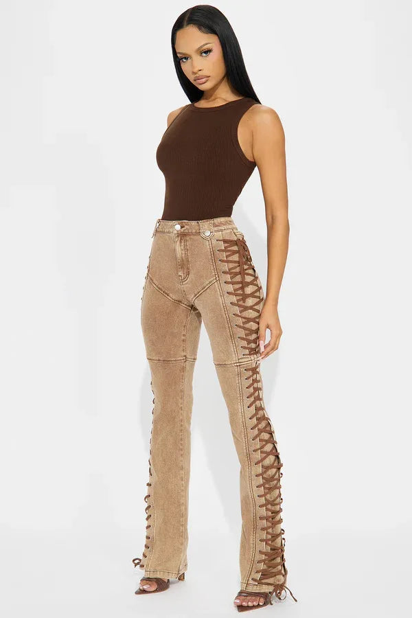 Europe America New Fashionable Women's Straight-leg High-waisted Jeans, Featuring Lace-up Straps and Drawstrings for Hot Girls
