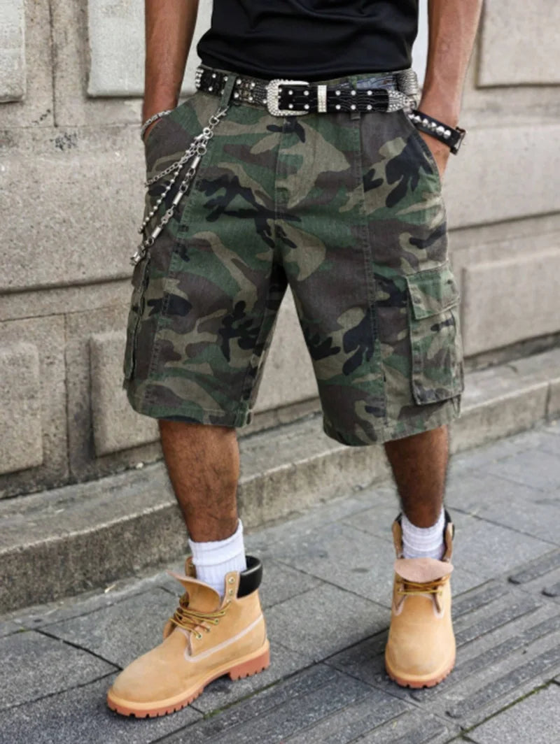 Men's retro camouflage denim shorts, casual loose straight-leg multi-pocket summer street-style shorts