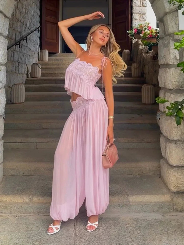 Lace Patchwork Pleated Slip Long Dress Women Sexy Spaghetti Strap Sleeveless Backless Loose Evening Dresses Chic Ladies Vestidos
