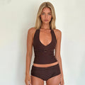 Summer Women 2Pcs Bathing Suit Bikini Sexy Tankini Swimsuit Set Solid Halter Tops With Micro Shorts Female Swimwear Beachwear