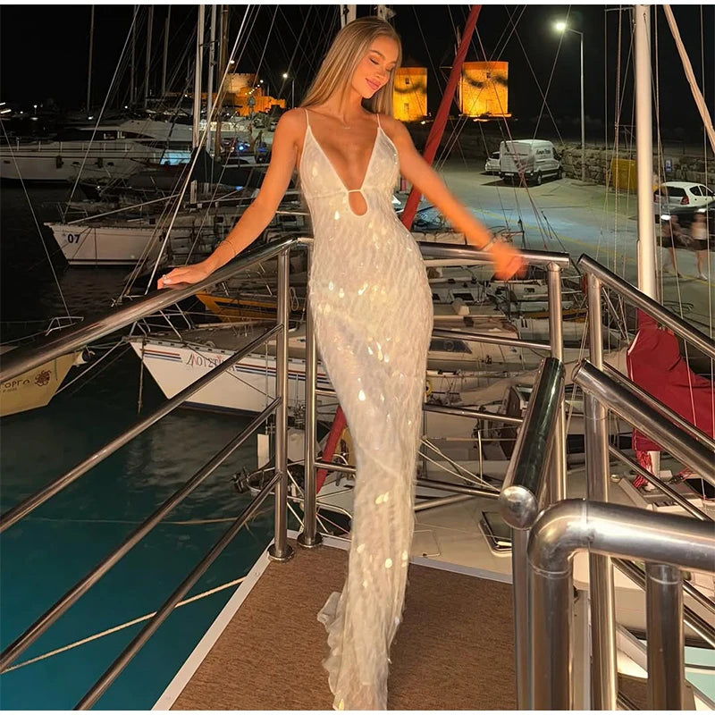 Women Sequin Sling Maxi Dress V-neck Solid Backless High Waist Sleeveless Dresses 2025 Fashion New Summer Lady Party Robes