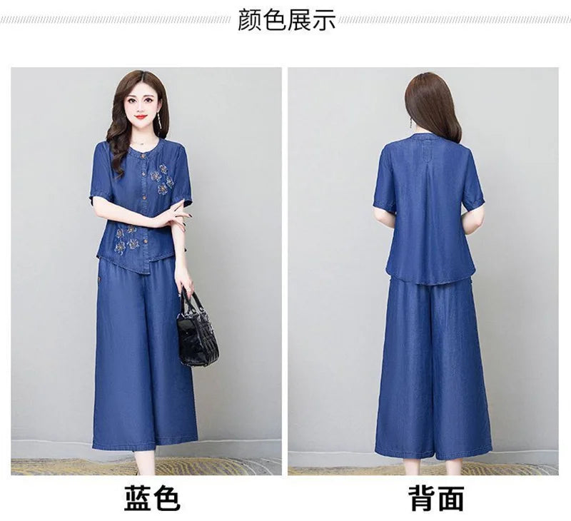 Ethnic Style Denim Wide Leg Pants Sets For Women Spring Summer NEW Embroidery Cowboy Jacket +Jeans Pants Suits Female Outfits