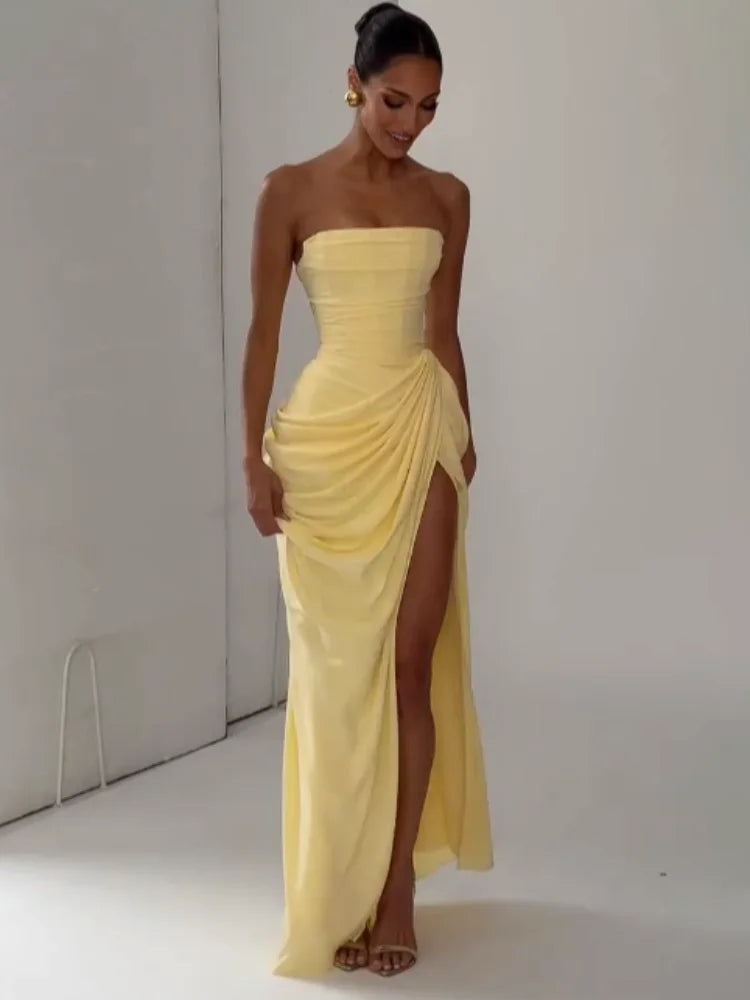 Women Sexy Solid Pleated Strapless Dress Lady Chic Off-shoulder Backless High Waist Split Dresses 2026 Summer Evening Party Gown